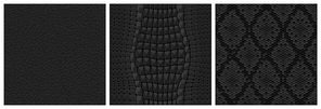Black animal skin seamless textures for game, textile or wallpaper. Realistic 3d vector repeated patterns of snake, crocodile and and leather. Fabric backgrounds of natural or artificial reptile skins
