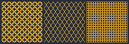 Gold metal grid or mesh texture, seamless pattern of golden realistic 3d vector brass or copper fence with joined links. Square yellow lattice samples graphic design elements, grate, jewel background