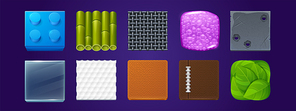 Texture samples. game ui app icons, square buttons toy block, bamboo stem, metal grid, air bubbles, bullet holes, glass, golf ball, leather menu interface textured graphics, isolated 3d vector set