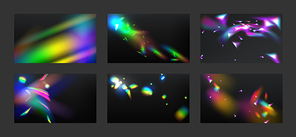 Rainbow streaks and flare, reflection light from crystal, glass or gem. Vector realistic illustration set of refraction and light leak effects, bright spectrum sparks from lens