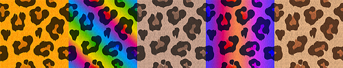 Color textures of leopard skin with spots. Vector set of seamless patterns with cheetah fur with rainbow gradient. Wild african cat skin  for textile or game design