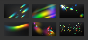 Lens flare, light leaks effects. Rainbow streaks and glare on black background. Vector realistic illustration set of bright spectrum glow and sparkles from lens or prism filter