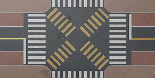Zebra, road intersection top view. Crosswalk with white and yellow lines marking on gray asphalt and tiled sidewalk. City street crossing with pedestrian junction, Realistic 3d vector background