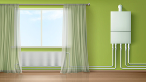 Boiler water heater on wall connected with radiator in room with plastic tubes and curtained window. Home appliance for comfort modern central heating system equipment Realistic 3d vector illustration