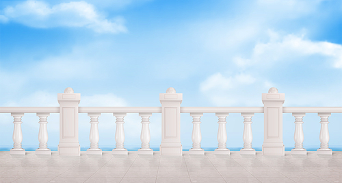 Marble balustrade on blue cloudy sky background. White balcony railing, handrails. Banister or fencing sections with decorative pillars. Balusters architecture design, Realistic 3d vector illustration