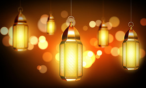 Arabic lamps, gold lanterns with arab ornament, ring and burning candles. Accessories for islamic ramadan holiday.Vintage luminous shining lights on blurred background Realistic 3d vector illustration