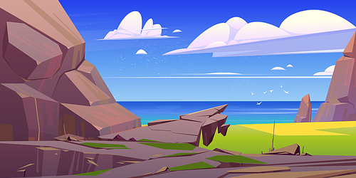 Ocean rocky landscape, sea nature with rocks, green grass and blue water under fluffy clouds and gulls flying in sky. Morning or day time tranquil seascape background, Cartoon vector illustration