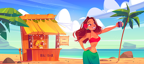 girl take selfie on  of tiki bar and sea landscape. vector cartoon illustration of woman taking self photo on phone camera on ocean beach with wooden cafe with bartender