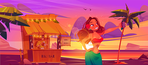 Woman making selfie front of tiki hut bar with barman on hawaii beach, Smiling girl in summer dress posing on smartphone camera at dusk ocean coastline with palm trees, Cartoon vector illustration