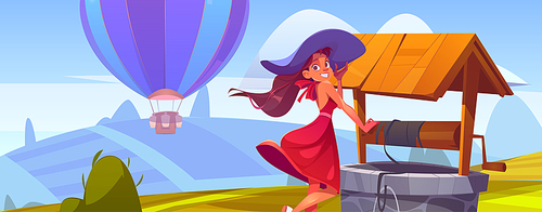 Summer landscape with fields, stone well, hot air balloon and beautiful girl in hat. Vector cartoon illustration of woman and old well with wooden roof and bucket in countryside