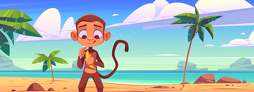 Cute monkey with banana on sea beach with palm trees. Vector cartoon illustration of summer landscape of tropical island with sand ocean shore, stones and funny ape