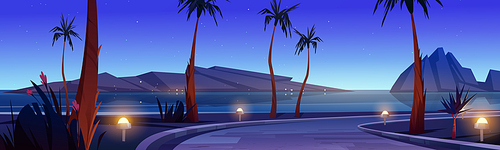 Road on sea beach with palm trees and rocks in water at night. Vector cartoon illustration of tropical landscape with highway, ocean shore with grass, flowers and mountains at evening