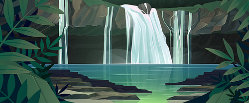 Waterfall in jungle with trees and mountains. Vector cartoon illustration of rain forest landscape with river falls from rocks to lake. Rainforest scene with green plants and water streams on stones