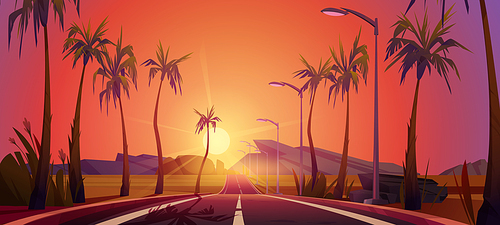 Road with palm trees by sides going into the distance sunset perspective view. Beautiful tropical dusk landscape with empty highway, red sky, bright sun go down the rocks, Cartoon vector illustration