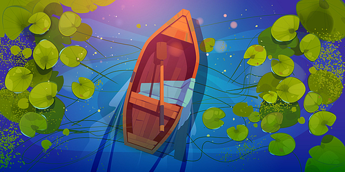 Wooden boat on lake top view, skiff with paddle and silk scarf on wild pond with nenuphars or water lily pads. Natural background with lotus leaves, green waterlily plants, Cartoon vector illustration