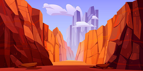 Grand Canyon with road on bottom, national park of Arizona Colorado state. Red sandstone mountains, horizon with sand rocks and sky, nature landscape background, Cartoon vector illustration