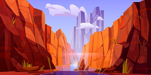 Grand Canyon with river on bottom, national park of Arizona state on Colorado stream. Red sandstone mountains, horizon with sand rocks and sky, nature landscape background, Cartoon vector illustration