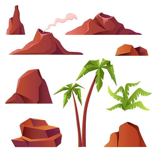 volcano with smoke, mountains and palm trees isolated on white . vector cartoon set of prehistoric landscape, volcanic eruption, rocks with smoking crater, tropical plants and stones