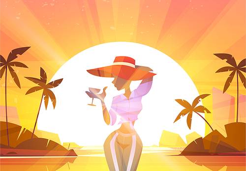 young woman with wine glass on summer sun dusk, seascape and palm trees . beautiful girl in red hat drink champagne, posing on ocean view, exotic resort relax, cartoon vector illustration