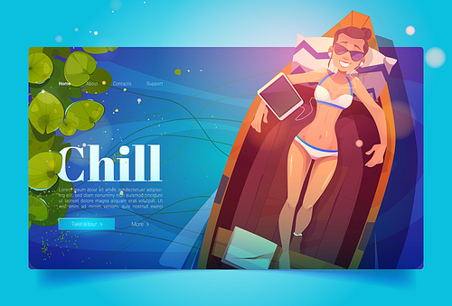 Chill cartoon landing page, woman in bikini lying in wood boat listen music on tablet top view. Girl relaxing on pond with water lilies float on water surface, summer vacation, vector illustration