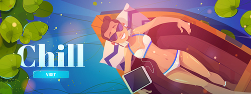 Chill cartoon web banner, young woman in bikini lying in wood boat listen music on tablet top view. Girl relaxing on pond with water lilies float on water surface, summer vacation, vector illustration