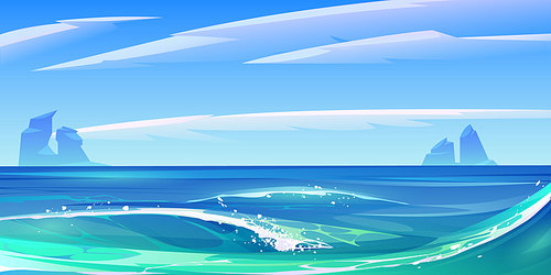 Ocean or sea waves with white foam, nature landscape with fluffy clouds in sky and rocks sticking up from water surface. Summer morning or day tranquil seascape background, Cartoon vector illustration