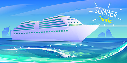 Cruise ship in ocean. Summer luxury vacation on cruise liner. Vector cartoon illustration of tropical seascape with passenger ship on blue marine water waves