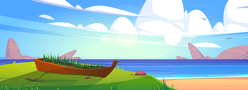 Sea beach with old boat in green grass. Vector cartoon summer landscape of ocean sand shore with stones in water, clouds and seagulls in sky. Derelict broken ship on sea coast