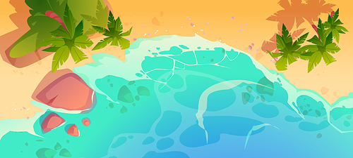 Summer ocean beach top view. Sandy sea shore with stones and palm trees. Vector cartoon illustration of tropical seaside with yellow sand, coast with blue water waves