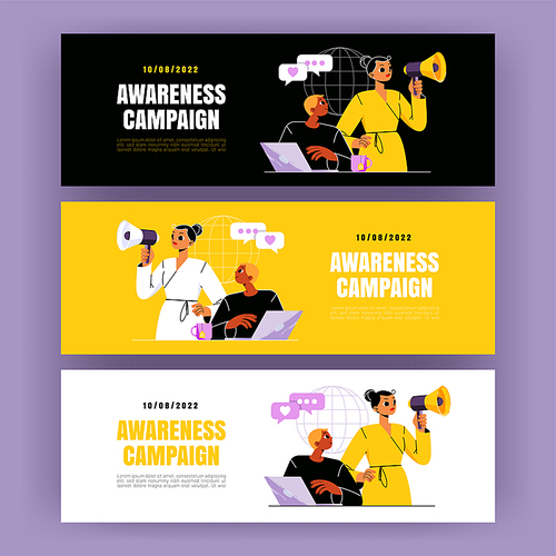 Awareness campaign posters. Concept of company pr, brand marketing, announcement. Vector horizontal banners with flat illustration of man with laptop and girl with megaphone