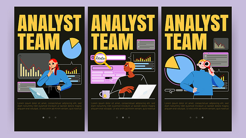 Analysts team mobile app onboard screen pages. Business concept with office people analysing data charts, statistics graphs of sales management operational reports, Linear flat vector web banners set