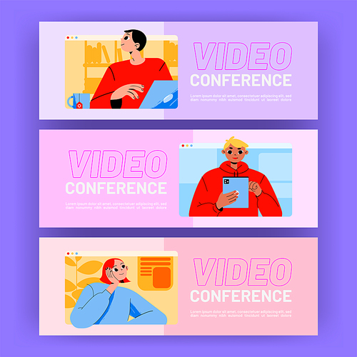 Video conference banners, online meeting of friends or business characters. Office workers webcam group call via internet. Employees remote briefing on computer screens, Linear flat vector ads flyers