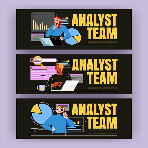 Analyst team banner with people work with data analysis, business and finance reports. Vector horizontal posters with flat illustration of men and women teamwork with laptop, graph and charts