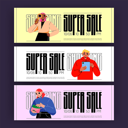 Super sale posters with happy people shopping online and hold wallet with money. Vector horizontal banners of special offer, discount in shop with flat illustration of girls and man customers