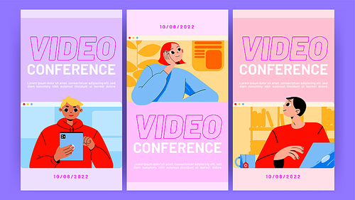 Video conference posters with people on business meeting or webinar. Vector banner of online communication technologies with flat illustration of girls and man with laptop and digital tablet