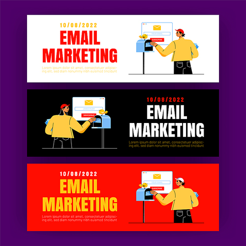 Email marketing posters. Concept of drip campaign, business promotion by electronic mail. Vector horizontal banners of digital advertising with flat illustration of man send letters