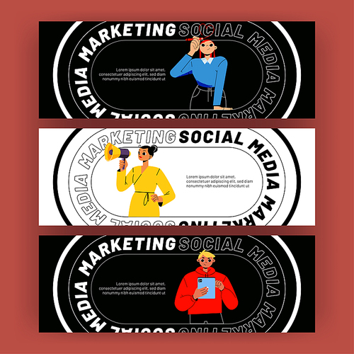 Social media marketing posters. Business strategy of online advertising and promotion. Vector banners with flat illustration of woman with megaphone, girl draw hearl and man with tablet
