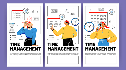 Time management posters with workers, clock and calendar. Vector vertical banners of job organization, time control with flat illustration of businessman with planner and watch
