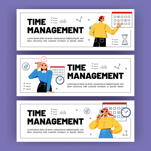Time management posters with workers, clock and calendar. Vector banners of job organization, time control with flat illustration of businessman with planner and watch