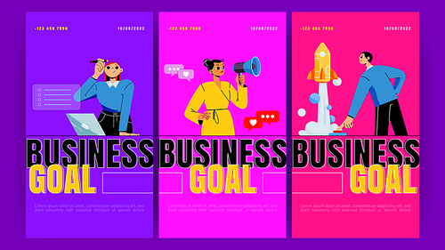 Business goals posters. Concept of marketing and work strategy for success progress and achieve targets. Vector banner with flat illustration of people with laptop, megaphone and rocket