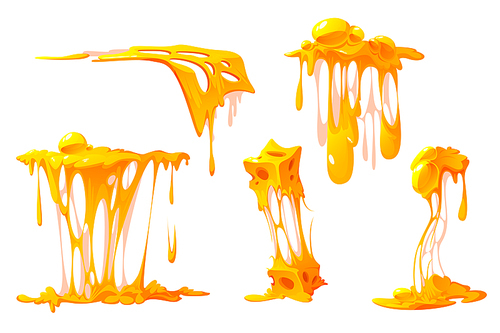 Melted cheese cartoon set, mellow pieces with dripping and stretches, design elements for pizza, sandwiches or pasta, cheesy texture flow, melt food isolated on white , Vector illustration