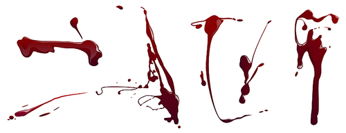 Splatters of blood, red paint or ink isolated on white . Vector cartoon set of bloody splashes, stains and sprays with drops. Scary dirty spots of liquid drips