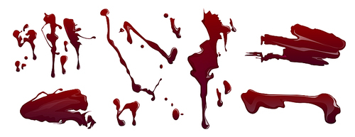 Stains and splatters of blood isolated on white . Vector cartoon set of bloody splashes, scary sprays with drops. Spots and drips of red liquid paint or ink
