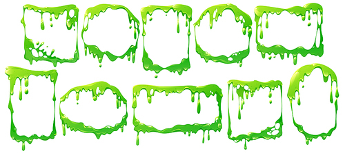 Frames of liquid green slime flows, dripping poison goo. Vector cartoon set of borders different shapes from fluid mucus drops and sticky ooze splatters isolated on white 
