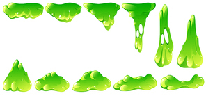 Liquid green slime drip and falling. Vector sprite sheet with cartoon set of splash of poison goo, fluid mucus drops. Illustration of sticky ooze blots isolated on white 
