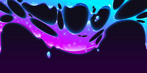 Dripping liquid slime border. Texture of sticky goo splash isolated on black background. Vector cartoon illustration of blue and purple neon slimy mucus with glitter