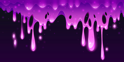Pink slime dripping, liquid goo, syrup or mucus texture with drops falling down, jam, jelly, sticky ooze drops, horror background for Halloween, cartoon gelatin frame or border, Vector illustration