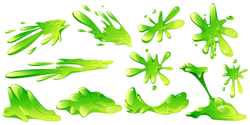 Green slime isolated vector set. Liquid toxic ooze blobs, stains, splashes and dripping. Sticky goo, jelly or syrup fluid splats, slimy phlegm or snot graphic design elements, Cartoon illustration