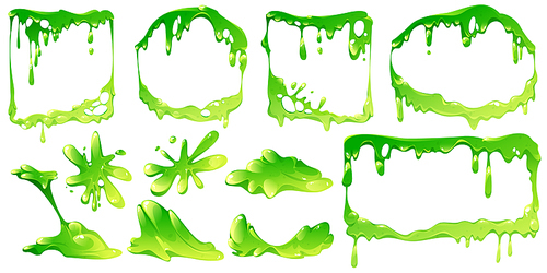 Green slime frames and elements isolated vector set. Liquid toxic ooze borders square, rectangle and round shapes with blobs and dripping. Sticky goo, jelly or syrup fluid splats, Cartoon illustration