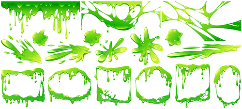 Liquid green slime splashes, border and frames from dripping poison goo. Vector cartoon set of fluid mucus drops and blobs. Illustration of sticky ooze splatters isolated on white 